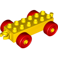Duplo Car Base 2 x 6 with Open Hitch End and Red Wheels (Yellow)