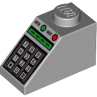 Brick Sloped 45° 2 x 1 with Bottom pin, with Green and Red Buttons and Keypad Print (Light Bluish Gray)