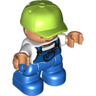 Duplo Figure Child with Cap Lime, with White Shirt under Blue Coveralls with worms in Pocket - Blue Legs (White)
