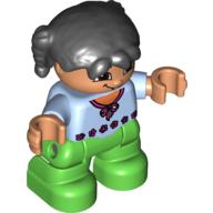 Duplo Figure Child with Pigtails Black, with Bright Green Legs (Bright Light Blue)