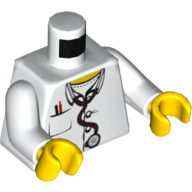 Torso, Hospital Lab Coat, Open Collar, Stethoscope, Pocket Pen and Thermometer Print, White Arms, Yellow Hands (White)