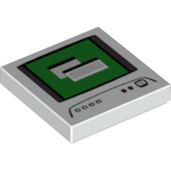 Tile 2 x 2 with Computer Monitor, Dark Bluish Gray Power Switch Icon Print (White)