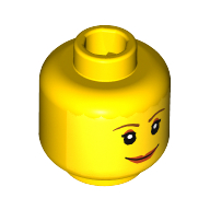 Minifig Head Mary Jane, Brown Thin Eyebrows, White Pupils and Short Eyelashes, Wide Smile with Red Lips Print (Yellow)