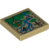 Tile 2 x 2 with Map River, Ruins, and Red X Print (Tan)