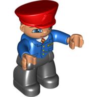 Duplo Figure with Police Style Hat Red, with Black Legs, Blue Jacket with Red/Yellow Tie, Nougat Hands, Smile with Closed Mouth (Train Conductor) (Blue)
