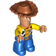 Duplo Figure with Cowboy Hat, Blue Legs, and White Cow Skin Vest Print (Woody) (Yellow)