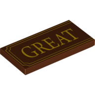 Tile 2 x 4 with Yellow 'GREAT' and Fancy Outline Print (Reddish Brown)