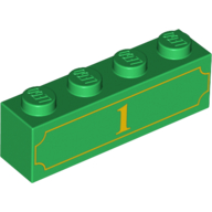 Brick 1 x 4 with Yellow '1' and Fancy Outline Print (Green)