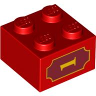 Brick 2 x 2 with Yellow '1' and Fancy Outline Print on Both Sides (Red)