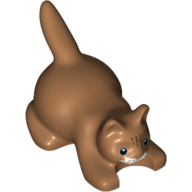 Animal, Cat, Kitten Crouching with Black Eyes, Dark Brown Stripes on Head, and White Muzzle Print (Medium Nougat)