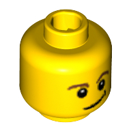 Minifig Head, Brown Eyebrows, Eyes with White Pupils, Crooked Smile with Black Dimple Print (Yellow)