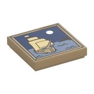Tile 2 x 2 with Sailing Ship and Moon Print (Dark Tan)