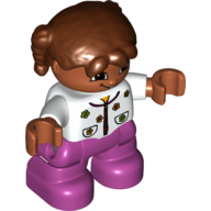 Duplo Figure Child with Pigtails Reddish Brown, with Magenta Legs, and Shirt with Flowers Print (White)