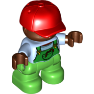 Duplo Figure Child with Cap Red, with Light Bright Blue Shirt under Green Coveralls - Dark Brown Face and Hands - Bright Green Legs (Bright Light Blue)