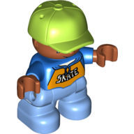 Duplo Figure Child with Cap Lime, with Blue Shirt with 'SKATE' Print - Medium Nougat Face and Hands - Medium Blue Legs (Blue)