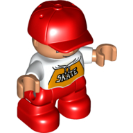 Duplo Figure Child with Cap Red, with White Shirt with 'SKATE' Print - Red Legs (White)