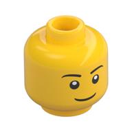 Minifig Head, Black Eyebrows, Thin Grin, Eyes with White Pupils Print [Hollow Stud] (Yellow)