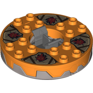 Turntable 6 x 6 Round Flat Silver Base Serrated with Dark Red Faces on Dark Tan and Dark Gray Print (Ninjago Spinner) (Orange)