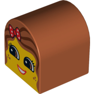 Duplo Brick 2 x 2 x 2 Curved Top with Girl Face, Red Lips, Open Smile, Freckles, Dark Orange Hair with Polka Dot Bow Print (Dark Orange)