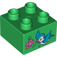 Duplo Brick 2 x 2 with Bluebird and Dark Pink Flower Print (Bright Green)