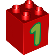 Duplo Brick 2 x 2 x 2 with Lime '1' Print (Red)