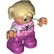 Duplo Figure Child with Pigtails Tan, with Bright Pink Top with Flowers and White Sleeves - Magenta Legs (Bright Pink)
