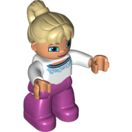 Duplo Figure with Ponytail Tan, with Magenta Legs, White Top with Blue Trim Design, Blue Crescent Eyes (White)