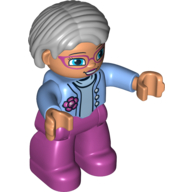Duplo Figure Bob / Pageboy Hair Gray, with Magenta Legs, Medium Blue Top with Flower, Blue Eyes, Glasses (Medium Blue)