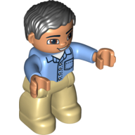Duplo Figure with Parted Wavy Hair Black, Shirt with Collar, Pocket, and 4 Buttons (Medium Blue)
