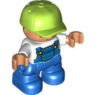 Duplo Figure Child with Cap Lime, with White Shirt under Blue Coveralls with Pocket - Freckles - Blue Legs (White)