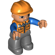 Duplo Figure with Construction Helmet Orange, with Orange Vest over Blue Long Sleeve Shirt, Nougat Face and Hands, and Dark Bluish Gray Legs (Orange)