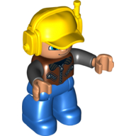 Duplo Figure with Headset and Cap Yellow, with Blue Legs, Brown Vest with Zippers over Black Shirt, Blue Crescent Eyes (Reddish Brown)