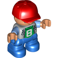 Duplo Figure Child with Cap Red, with Light Bluish Gray Top with Medium Blue Sleeves over Green Shirt with '8' - Nougat Face and Hands - Blue Legs (Light Bluish Gray)