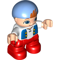 Duplo Figure Child with Bandana Medium Blue, with White Top with Blue Vest Print, Light Nougat Face and Hands, Red Legs (Cubby) (White)