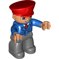 Duplo Figure with Police Style Hat Red, with Dark Bluish Gray Legs, Blue Jacket with Tie, Smile with Teeth (Train Conductor) (Blue)