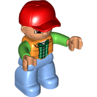Duplo Figure with Cap Red, with Orange Vest over Green Long Sleeve Shirt - Medium Blue Legs (Orange)