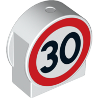 Duplo Brick 1 x 3 x 2 Round Top, Cut Away Sides with Road Sign with 30 Print (White)