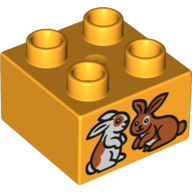 Duplo Brick 2 x 2 with Two Rabbits Print (Bright Light Orange)
