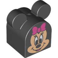 Duplo Brick 2 x 2 x 2 Curved Top with Round Ears with Minnie Mouse Print (Black)