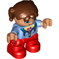Duplo Figure Child with Pigtails Reddish Brown, with Medium Blue Jacket over Shirt with Pink Flower - Red Legs (Medium Blue)
