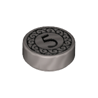 Tile Round 1 x 1 with Black Coin Print with 5 Mark (Flat Silver)
