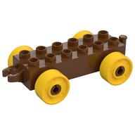 Duplo Car Base 2 x 6 with Fake Bolts, Open Hitch End and Yellow Wheels (Reddish Brown)