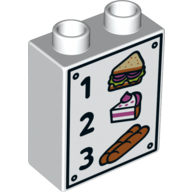 Duplo Brick 1 x 2 x 2 with Cake, Sandwich, Baguettes, '1', '2', and '3' Print (White)