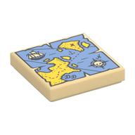 Tile 2 x 2 with Map with Red 'X', Sail Boat, Compass and Blue and Yellow Print (Tan)