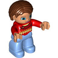 Duplo Figure Bob / Pageboy Hair Reddish Brown, Sweater with Diamond Print - Medium Blue Legs (Red)