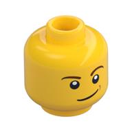 Minifig Head Bluecoat Soldier / Driver, Brown Eyebrows, Black Eyes with White Pupils, Crooked Smile with Brown Dimple Print [Hollow Stud] (Yellow)