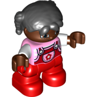 Duplo Figure Child with Pigtails Black, with Red Legs (Bright Pink)
