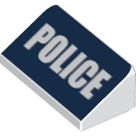 Brick Sloped 30° 1 x 2 x 2/3 with White 'POLICE' on Dark Blue Background Print (White)