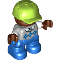 Duplo Figure Child with Cap Lime, with Light Bluish Gray Sweater and Tie over White Shirt - Dark Brown Face - Blue Legs (Light Bluish Gray)