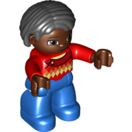 Duplo Figure Bob / Pageboy Hair Black, with Red Sweater with Diamond Print, Reddish Brown Face and Hands - Blue Legs (Red)